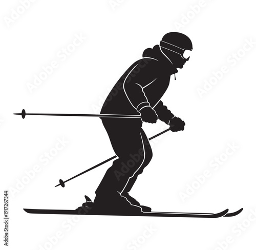 skier in motion wearing winter gear and goggles skiing down a slope