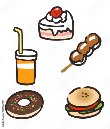 手で描いたハンバーガーとジュース、甘いスイーツのベクターイラスト