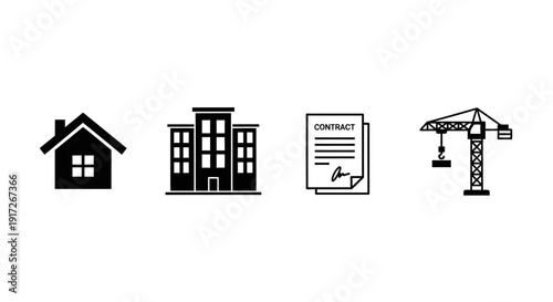 Real Estate and Construction Industry Icons Home, Office Building, Contract, and Crane