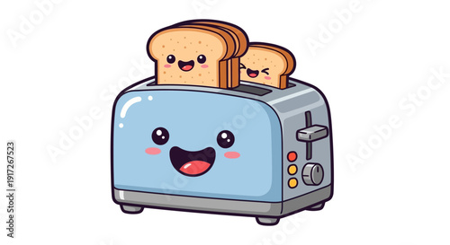 Adorable cartoon toaster with happy toast slices popping out