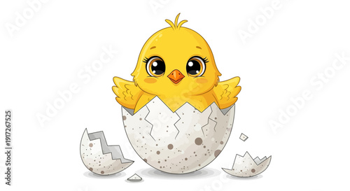 Adorable cartoon yellow chick hatching from speckled eggshell