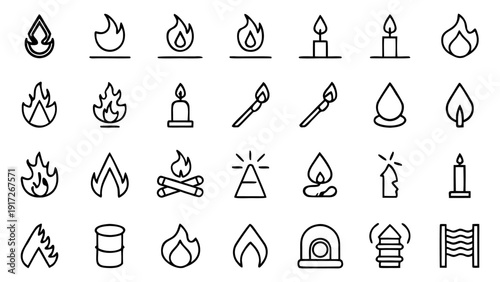 Various line style icons depicting fire, flame, and related items such as candles and heat for conceptual design elements.