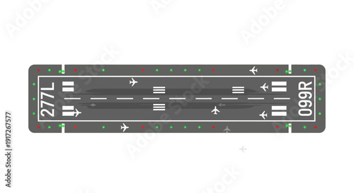 Aerial view of an airport runway with markings and aircraft