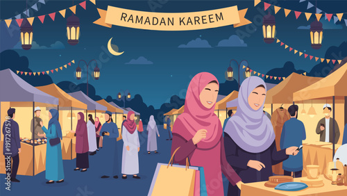 Festive vector illustration of a vibrant Ramadan night market, with people shopping and celebrating under decorative lights and a crescent moon