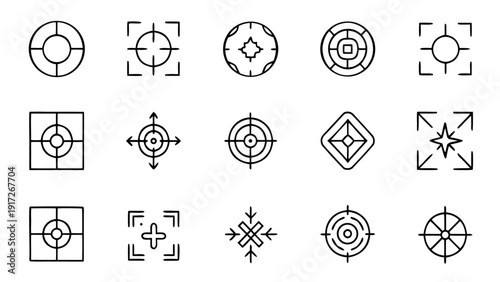 A collection of 30 outline icons representing various concepts of focus, concentration, and attention in a linear style.