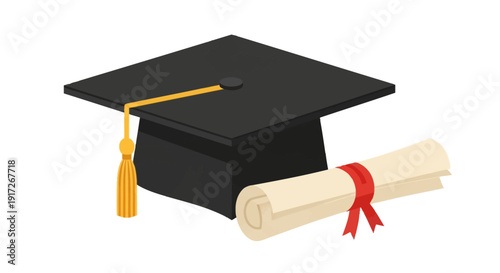 Black graduation cap with a world map design, yellow tassel, and a rolled diploma with a red ribbon.