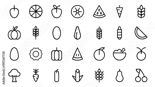 Array of thirty clear outline icons depicting various food products and related culinary elements displayed in rows.