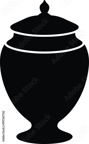 Black silhouette of a lidded urn with decorative bands on white background vase container