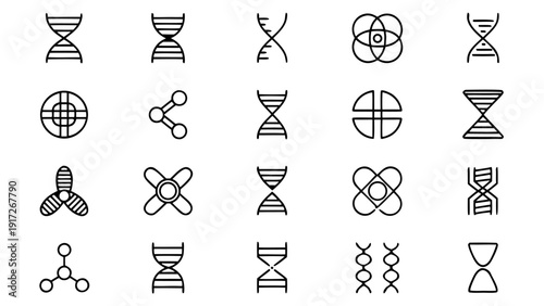 A collection of thirty linear outline icons depicting various concepts related to genetics and biological science.