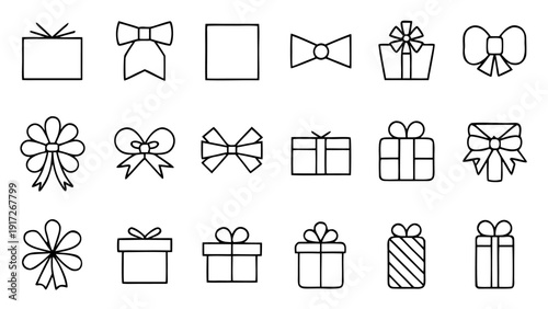 An assortment of thirty linear outline icons illustrating various gifts and presents suitable for different festive occasions.