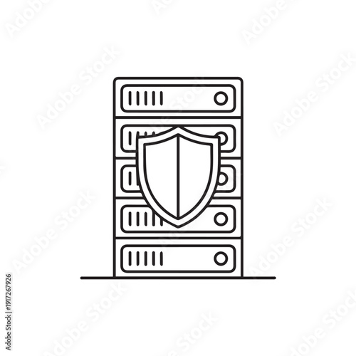Network server rack protected by security shield icon symbolizing database encryption and cloud storage safety for enterprise information technology and web hosting infrastructure