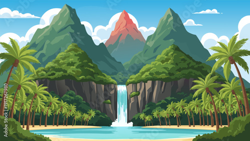 Tropical island getaway vector illustration with waterfall, palm trees, mountains, beach, and lagoon