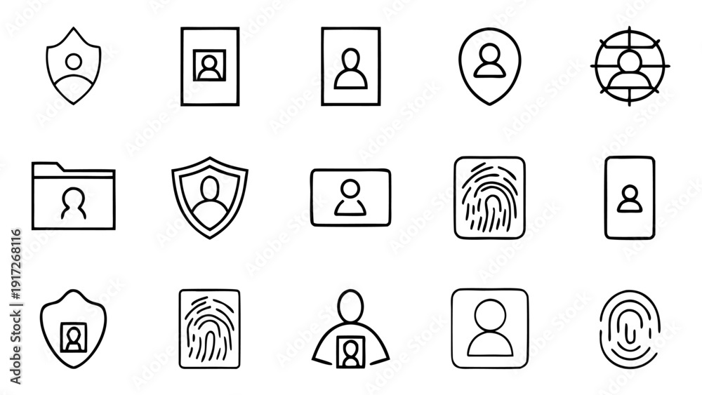 Fototapeta premium A collection of 30 linear outline icons representing various aspects of identity and personal information for user interface design.