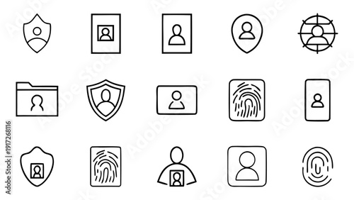 A collection of 30 linear outline icons representing various aspects of identity and personal information for user interface design.