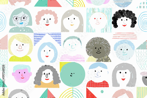Diverse group of illustrated faces arranged in a colorful patterned background