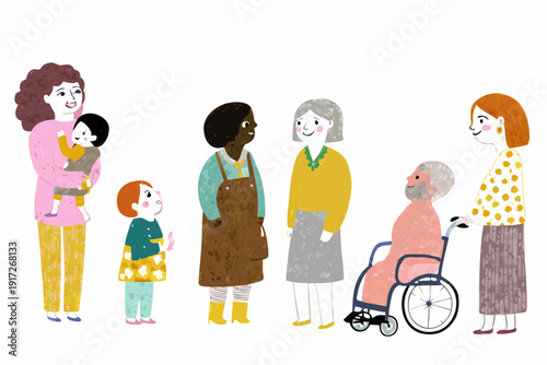 Diverse group of people including seniors and children standing together