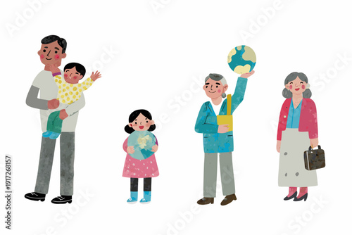 A diverse family stands together with a globe held aloft