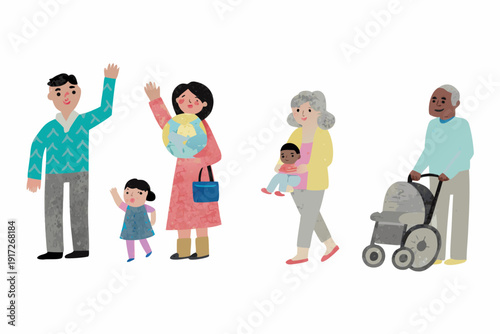 Diverse family group illustrated with people of different ages and ethnicities