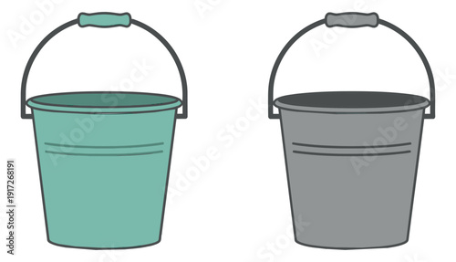 Simple line art bucket set featuring a teal and a grey utility bucket for household tasks