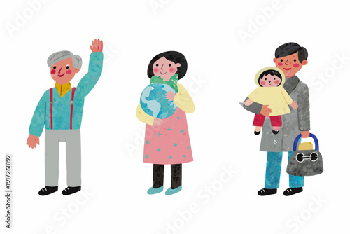A multi generational family waving with a globe and travel bag