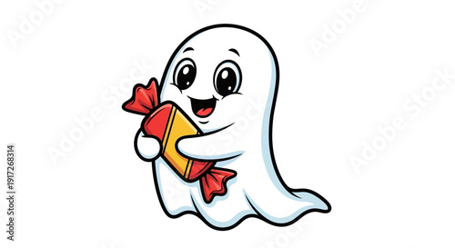 Cartoon Ghost Holding Wrapped Candy for Halloween Celebration