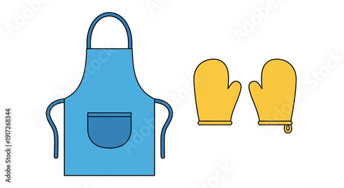 Blue apron with pocket and two yellow oven mitts