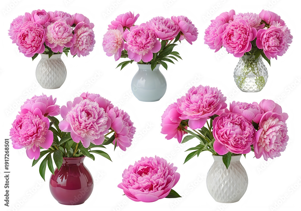 Obraz premium Beautiful pink carnations arranged in white vases isolated on transparent background