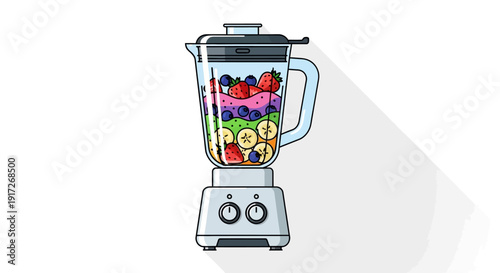 Cartoon Blender Filled with Colorful Fruits for Smoothie Preparation