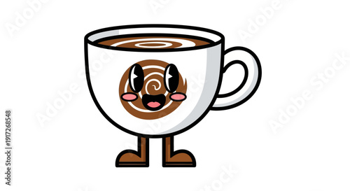 Cartoon Coffee Cup Character with Smiling Face and Brown Legs