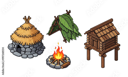 A collection of 2D game asset icons of primitive survival shelters.