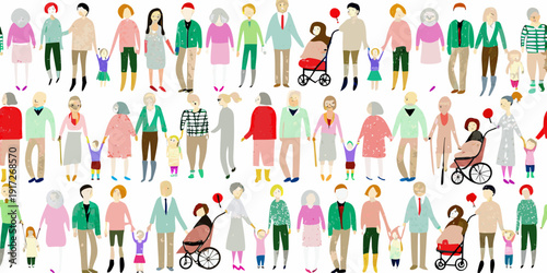 Diverse group of illustrated people standing in rows representing community