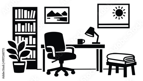 Minimalist black silhouette illustration of a home office interior depicting a cozy and productive workspace for modern living