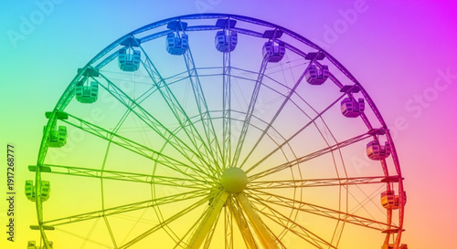 Vibrant ferris wheel with rainbow colors against a gradient background symbolizing fun and excitement at an amusement park or carnival conveying joy and happiness