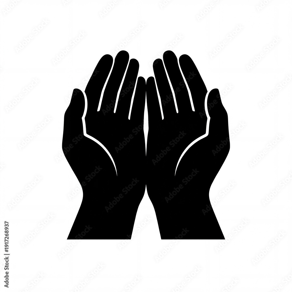 Obraz premium Black Silhouette of Open Hands Cupped Together in Prayer or Offering, Isolated on White Background