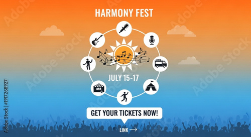 Harmony music festival poster with colorful sunset background and icons representing various activities