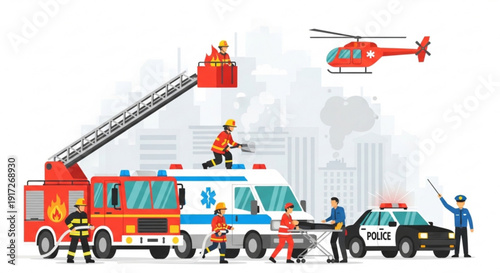 Emergency responders with fire truck ambulance police car and helicopter in city scene