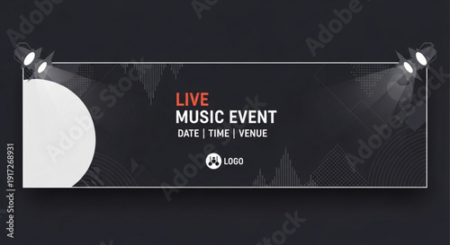 Live music event banner with spotlights and logo on black background for concert promotion