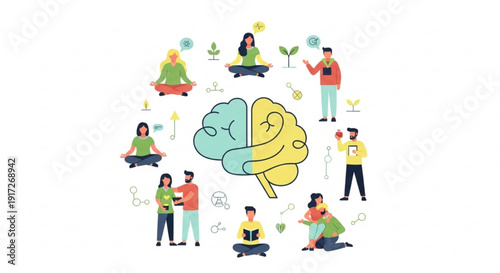 People engaging in mindful activities around a brain symbol representing mental health and wellness