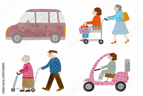 Illustration depicting seniors with assistance vehicles and mobility aids