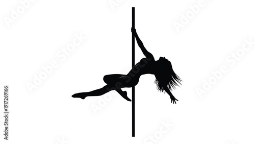 Silhouette of a person performing a pole dance with flowing hair isolated on white background, Vector