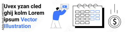 Man presenting video content with a calendar and falling dollar sign, symbolizing project scheduling, financial planning, and content marketing. Ideal for time management, business strategy