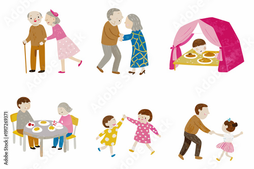 Illustrative scenes depicting family life togetherness and multiple generations