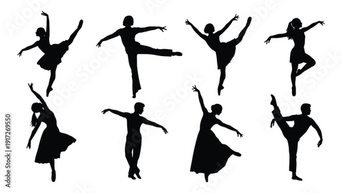 Silhouettes of dancers in various ballet poses and costumes on a white background isolated on white background, Vector