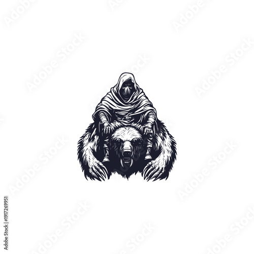 Mysterious hooded warrior or shaman riding a giant grizzly bear in vintage engraving style.