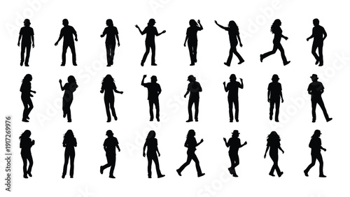 Diverse silhouettes of people engaged in various activities and poses isolated on white background, Vector