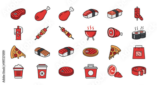 Food and Meat Vector Icon Set: Sushi, BBQ, Pizza, Steak, and Takeaway Food Illustrations on White Background