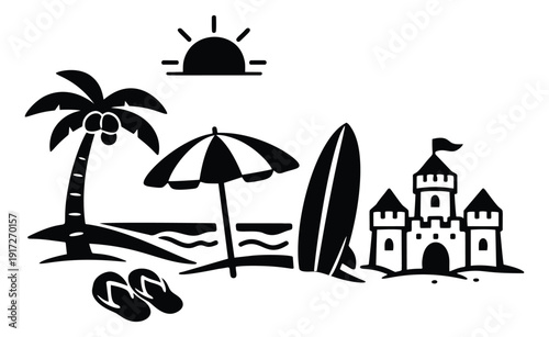 Silhouette beach elements set featuring a palm tree, sun, umbrella, surfboard, sandcastle, and flip flops for summer holidays