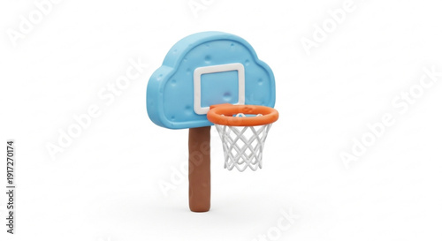 Toy basketball hoop with blue backboard and orange rim on brown stand