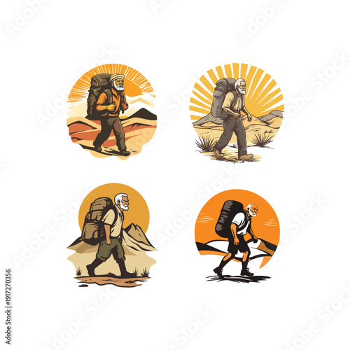 Set of vintage hiker character logos walking in the desert with mountain and sun background.