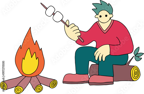 A young man in a warm sweater sits near a fire and cooks marshmallows on a stick, full size, hand drawn with black, curved grunge lines